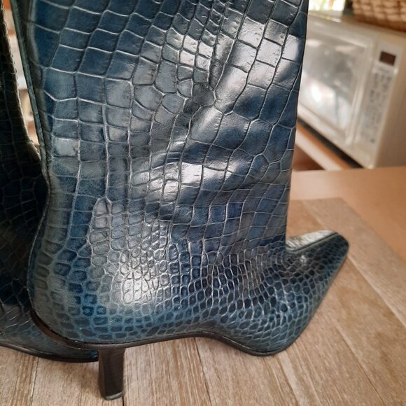 ANTONIO MELANI Miranda Croc Embossed Leather Stiletto Ankle Boot - Teal, Size 7 - Picture 8 of 16